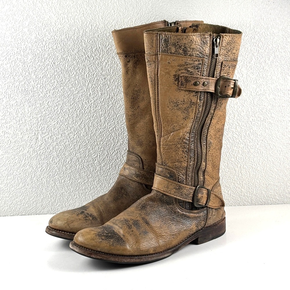 Bed Stu Cobbler Series Boots Womens 10 Tan Distressed Leather Moto Buckle Rustic